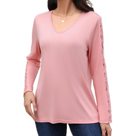 Summer Casual Lace Tops for Women Long Sleeve V Neck Side Split Loose Fit Casual Soft Comfy Tees T Shirts 2025 Summer Fall Pink Small