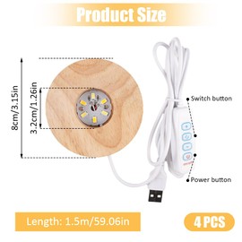 WhizNook Pack of 4 LED Wooden Base: Round Wooden Light Base, 3 Colours Adjustable Wooden Base, USB Light Base for Crystal Balls, with Switch Key, for Birthday Party Christmas (8 x 2 cm)