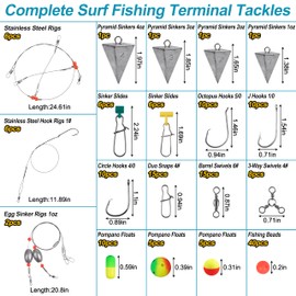 Surf Fishing Tackle Kit,161pcs Saltwater Fishing Gear Fishing Bait Rigs Fish Finder Rigs Pompano Rig Pyramid Sinker Weight Ocean Saltwater Fishing Lures Hooks Swivels Various Fishing Accessories