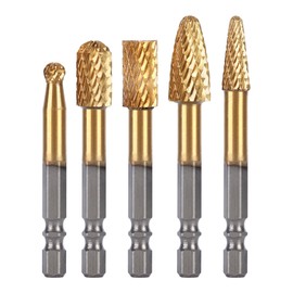 HUHAO Carbide Burr Set 1/4" Shank – 5 Pcs Double Cut Die Grinder Bits for Milling, Carving, Engraving, Deburring, Drilling, Hard Wood and Metals – Tungsten Carbide Drill Bit Set for Rotary Tools