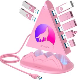 7 Port USB 3.0 Hub,Pink USB Hub with Wolf Shaped RGB Night Light, 2ft Long Cable and Pink Base,for Laptop, PC, Flash Drive, HDD, Console, Printer, Keyborad, Mouse and More(Charging Not Supported)
