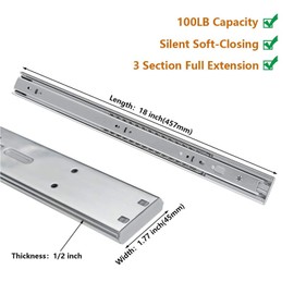 LONTAN 2 Pairs 18 Inch Soft Close Drawer Slides 3 FOLD Full Extension Dresser Drawer Glides Side Mount Heavy Duty Cabinet Rails 100 LB Load Capacity