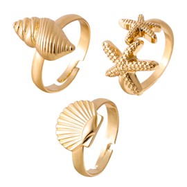 Mikovivi 3pcs Shell Starfish Conch Rings, Gold Dainty Rings Stylish Starfish Jewelry Adjustable Beach Jewelry Summer Beach Gifts for Women