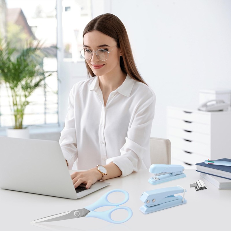 Blue Desk Accessory Kit Cute Office Supplies Set Desktop Stapler