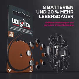 8 Batterien für Hörgeräte Größe 312 + 200 Udiclean Reinigungstücher Taschenformat + Reinigungsspray mit Integrierter Bürste Udinett 100ml - Kit Essential Clean