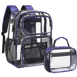 PACKISM Clear Backpack with Lunch Bag for School - 17 inch Large Heavy Duty Clear Bookbag, See Through PVC Transparent Backpacks with 2 Front Pockets, Black & Stars (for age 12 above)