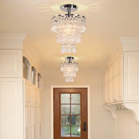 FRIXCHUR Small Crystal Chandelier Led Crystal Ceiling Lights 3 Tiers Crystal Raindrops Chandelier Pendant Lighting Fixture Decoration for Bedroom Hallway Living Room,Chrome,E26