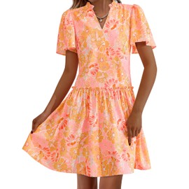 BTFBM Women Summer Dresses 2025 Short Sleeve V Neck Tiered Ruffle Boho Swing Dress A-Line Floral Mini Dresses(Floral Orange,Medium)