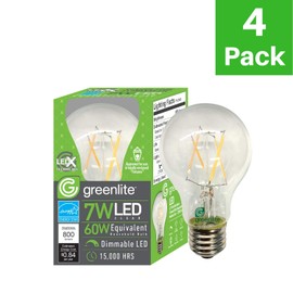 LED 7W A19 Filament Clear Light Bulb, 60W Equivalent, 800 Lumens, 2700K Soft White, Dimmable, E26 Medium Base, Energy Star Certified, 120V (4 Pack)