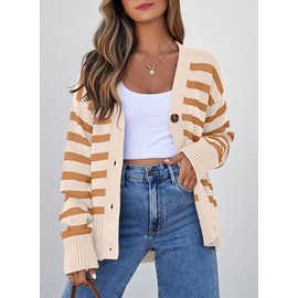 EVALESS Womens Striped Christmas Cardigan Sweaters Trendy 2024 Fall Winter Long Sleeve V Neck Lightweight Cardigans Open Front Button Down Knit Sweater Tops Apricot Stripe Medium