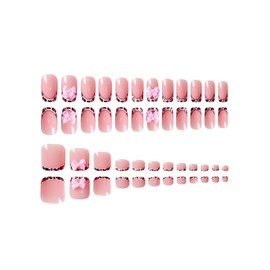 48Pcs Leopard Print French Tip Press on Nails Press on Toenails Set, Short Square False Nails with Pink Bow Charms Design Full Cover Reusable Glossy Nude Fake Acrylic Nails Kit for Women Manicure