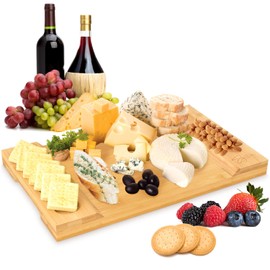 Signature Living Large Bamboo Cheese Board Charcuterie Board (16" x 10" x 1.2") Beautiful Serving Platter for Cheese, Crackers, Meat, Fruit - Durable Wooden Charcuterie Serving Board