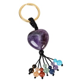 KYEYGWO Crystal Heart Healing Stone Keyring, 7 Chakra Beads Tassel Keychain Decorative, Handmade Lucky Charm Lanyard Pendant for Women, Amethyst