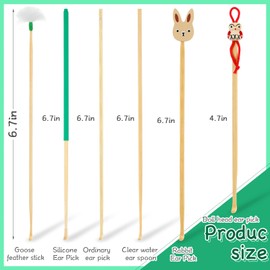 Tondiamo 6 Pieces Bamboo Wood Ear Pickers Ear Cleaning Tools for Humans Cute Doll Bunny Goose Feather Earpick for Adults Cleaning Kit