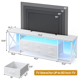 BTHFST TV Stand with LED Lights & Power Outlets, for TVs up to 85 Inches, 6 Fabric Drawers Entertainment Center with Open Storage Shelves, 71" TV Media Console Table for Living Room, Bedroom, White