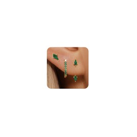 Angelady 3 Pairs Kite Stud Earrings Set for Women, Gold Huggie Hoop Green Earring Stack, Hypoallergenic 925 Sterling Silver Cute Emerald Green Cartilage Earrings Trendy Jewelry Gifts