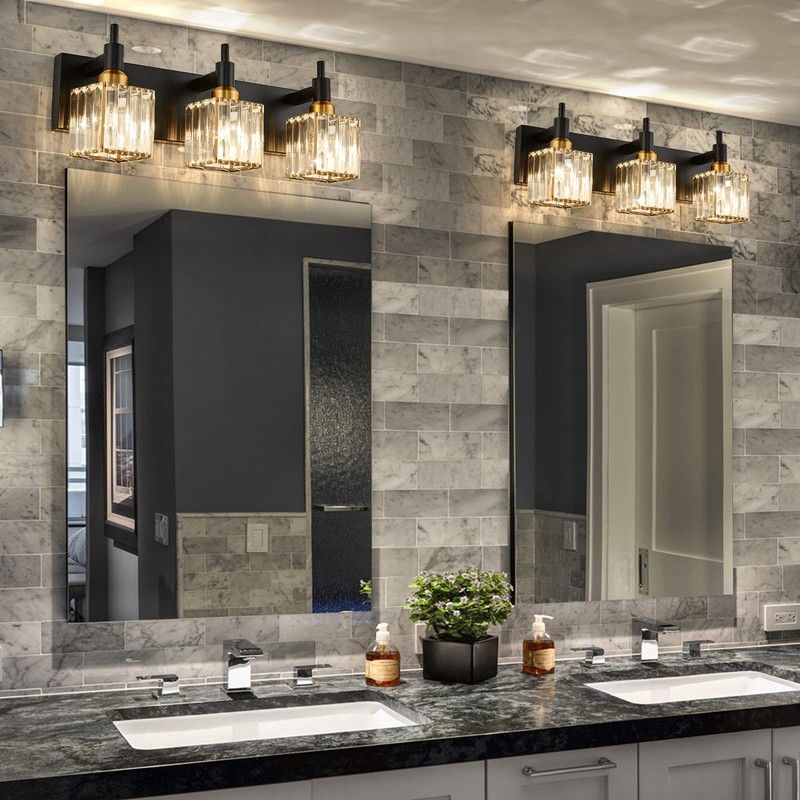 HUOKU Modern Crystal Bathroom Vanity Light 3-Light Brass Wall Light