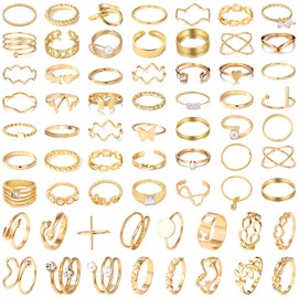 NEWITIN 65 Pieces Gold Knuckle Rings Set for Women Stackable Ring Adjustable Boho Joint Finger Midi Ring Hollow Carved Crystal Stacking Rings Pack