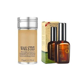 Barra de Cera Para Peinar El Cabello 75g, Acabado Suave y Sin Residuos Control Del Borde De La Peluca, No Grasosa, Adecuada Para Cabello Suelto y Encrespado, De Larga Duración Con Vitaminas, Bundle, Kit (Barra de cera + 50ML Morocco Aceite Argán Cabello)