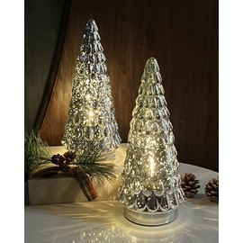 SHMILMH Silver Mercury Glass Christmas Tree, Small Tabletop Christmas Tree with Light, Battery Operated Mini Xmas Tree for Fireplace Bathroom Decor 10", Set of 2