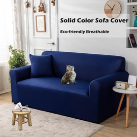 Qubjus Stretch Sofa Cover Couch Covers for 3 Cushion Couch Sofa Solid Color Non Slip Sofa Bed Cover Durable Washable Furniture Protector for Home Decoration(Large, Blue)