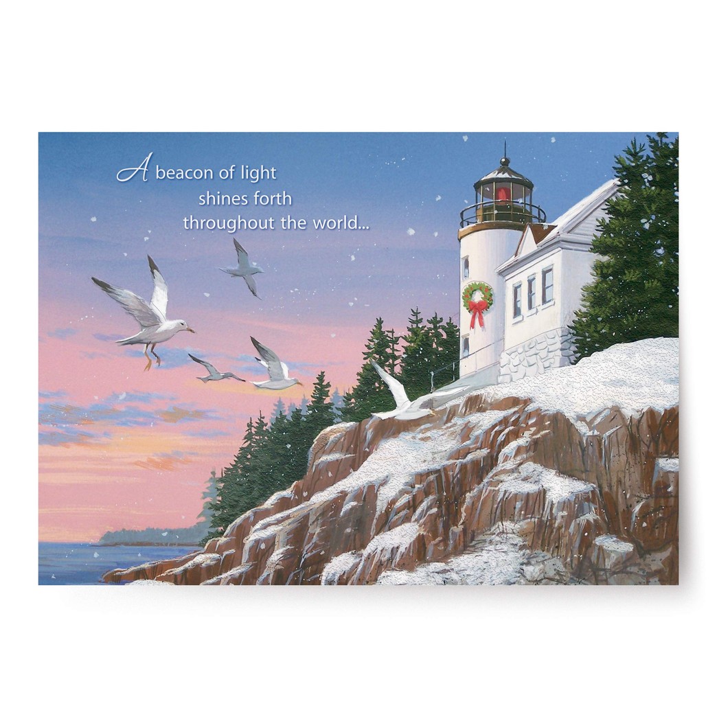 Designer Greetings Red Farm Studio - Boxed Christmas Cards Nautical/Coastal Design; Snowy Lighthouse on Cliff