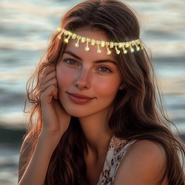 Yokawe Rhinestone Headband Crystal Head Chain Elastic Boho Sparkle Tassel Headpieces for Women (Gold B)