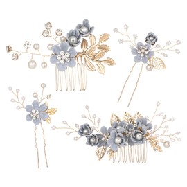BOWINR Wedding Hair Comb Pearl Crystal Bride Hair Accessories Hair Side Comb Clips Dusty Blue Flower Rhinestone Head Pieces for Bridesmaid Women and Girls, Set of 4 (Grey)