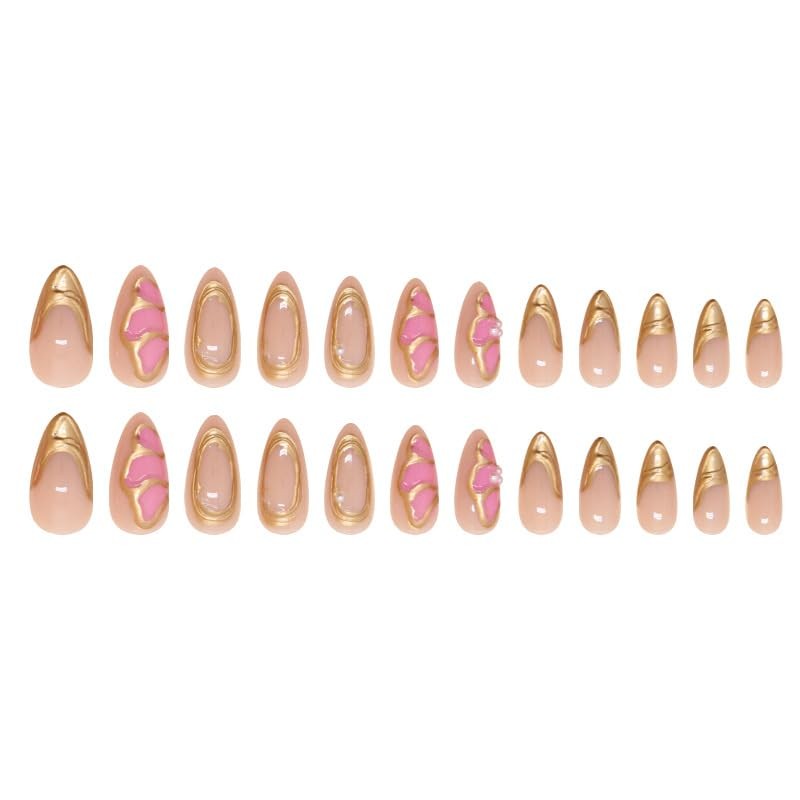 24Pcs Flower Press on Nails French Tip Fake Nails with