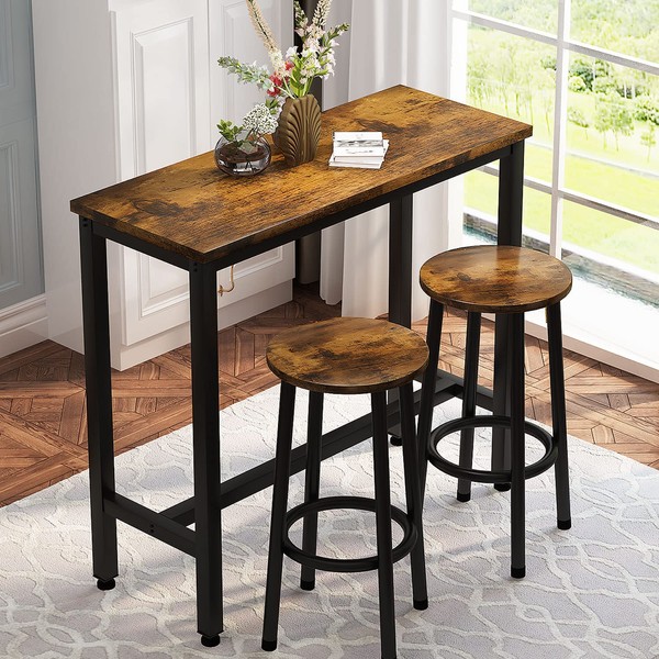 AWQM 3 Piece Pub Dining Set,Industrial Pub Height Table with 2 Bar Stools, 39.3" Bar Table and Classic Round Stools,for Breakfast Nook,Kitchen,Living Room,Small Space and So on,Rustic Brown