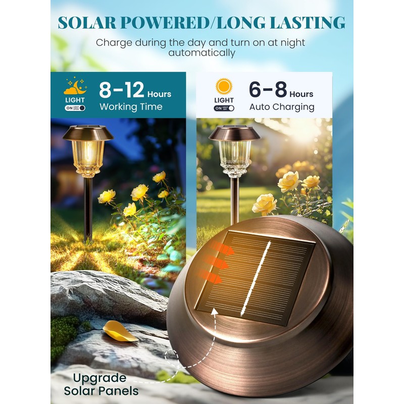 HMDecor Solar Lights Outdoor Waterproof,6 Pack Bronze Pathway Lights with