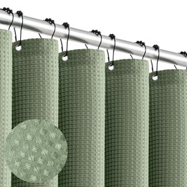 Winteriew Green Waffle Shower Curtain, Waterproof Shower Curtain Set for Hotel Luxury Polyester Fabric, Heavy Duty No Hook Shower Curtains for Bathroom Accessories Decor, 72W x 72H