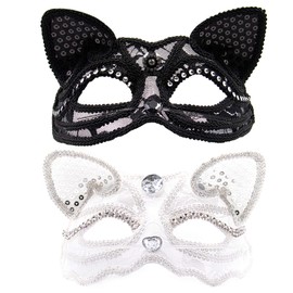 AUEAR AUEAR, Cat Masquerade Mask Luxury Sexy with Beads Decoration Fox Venice Style Half Face Ball Women's Costume (Black & White, 2 Pack)