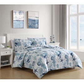 CARIBBEAN JOE King 3-Piece Comforter Set, Tropical Coastal Beach Design Bedding, Nautical Turtles