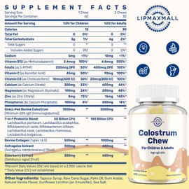 Bovine Colostrum Chews Supplement with 60% IgG for Humans Women Men Kids- for Immune, Gut, Bone, Joint, Cognitive, Overall Growth, from Grass-Fed Cows & Vanilla Flavor, 60 Soft Chews