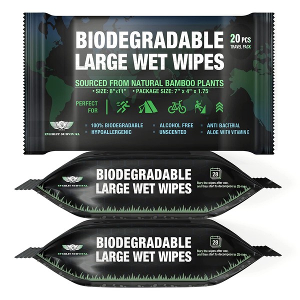 Everlit Biodegradable Wet Wipes, Body Shower Wipe for Adult Dude Women Men, Bathing Wipes for Camping, Traveling, Gym, Outdoor Cleaning Large Thick 20 Count 8 X 12 Inch