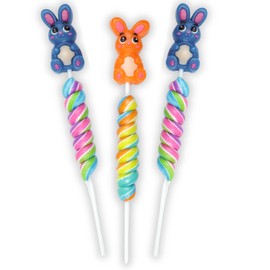 Sweetzo - Colorful Swirl Lollipops with Gummy Bunny Topper, Easter Basket Fillers, Style May Vary (Pack of 3)