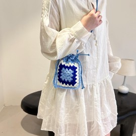 LUNIQO Handmade Crochet Crossbody Bag for Women Woven Shoulder Handbag Purse Drawstring Phone Bag (Blue)