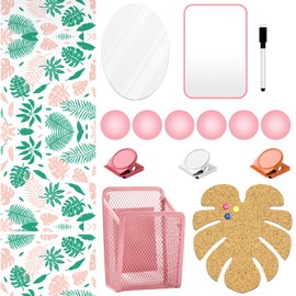 Harloon 15 Pcs Locker Decoration and Organizer Kit Locker Wallpaper Magnetic Pen Holder and Mirror Whiteboard Marker Cork Board with 3 Push Pins 3 Magnetic Clip 6 Magnets(Palm Leaf)