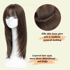 YKHJH Hair Topper,360° 3D Hair Toppers for Women with Thinning,7"X 8" Large Base 22 Inch Long Layered Synthetic Wig with Bangs for Daily Use (Chestnut Brown)