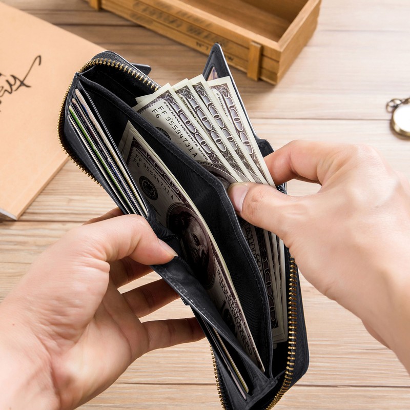 Leather Bifold Zipper Wallet for Men Travel Purse Pouch Gift