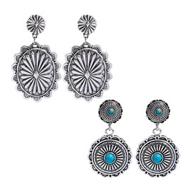Dreuyet 2 Pairs Western Earrings for Women Vintage Rustic Couture's Cowgirl Oval Turquoise Dangle Earring Concho Dangling Earrings Country Concert Outfits Statement Jewelry (Ellipse Round)