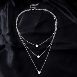 fxmimior 3 Tier Women Boho Layered Silver Necklaces Gold Silver Dainty Rhinestones Star Layered Choker Necklaces Fashion Love Pendant Multilayer Adjustable Layering Chain Necklaces for Women (Silver)