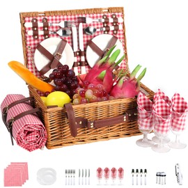 Neti Neti Wicker Picnic Basket for 4 with Insulated Cooler & Waterproof Blanket – Large Willow Picnic Hamper for Outdoor, Camping, Beach, Romantic Dates, Valentine’s Day