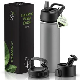 SipX™ Triple-Insulated Stainless Steel Water Bottle 18oz. With 3 Lids, BPA-Free Reusable Insulated Water Bottle Keeps Cold 24 Hours, (Grey)