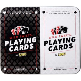 Mattel Games Wild Twists Playing Cards by UNO Brand, 2 Sets of Standard 52-Card Deck Plus 8 Special Wild Cards in Storage Tin