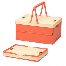 Pastel Plastic Collapsible Storage Crates with Lids and Handle Collapsible Picnic Basket Stackable Storage Bins Cute Foldable Container for Home Kitchen Office Bathroom (14'' Orange)