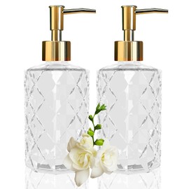 Clear Glass Soap Dispenser with Gold Plastic Pump, 2 Pack 12oz Diamond Hand Soap Dispenser, Refillable Lotion Dispenser & Dish Bathroom Dispenser for Liquid, Shower Gel