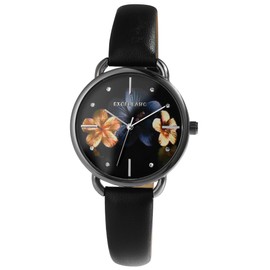 Excellanc 1900280 Women's Watch Faux Leather Flower Floral Analogue Quartz, black, Strap.