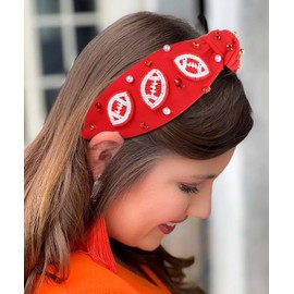 Diademas anudadas de fútbol para mujer, diadema deportiva con perlas de vidrio Bejeweled con nudo superior ancho, accesorios para el cabello para el día del juego, color rojo